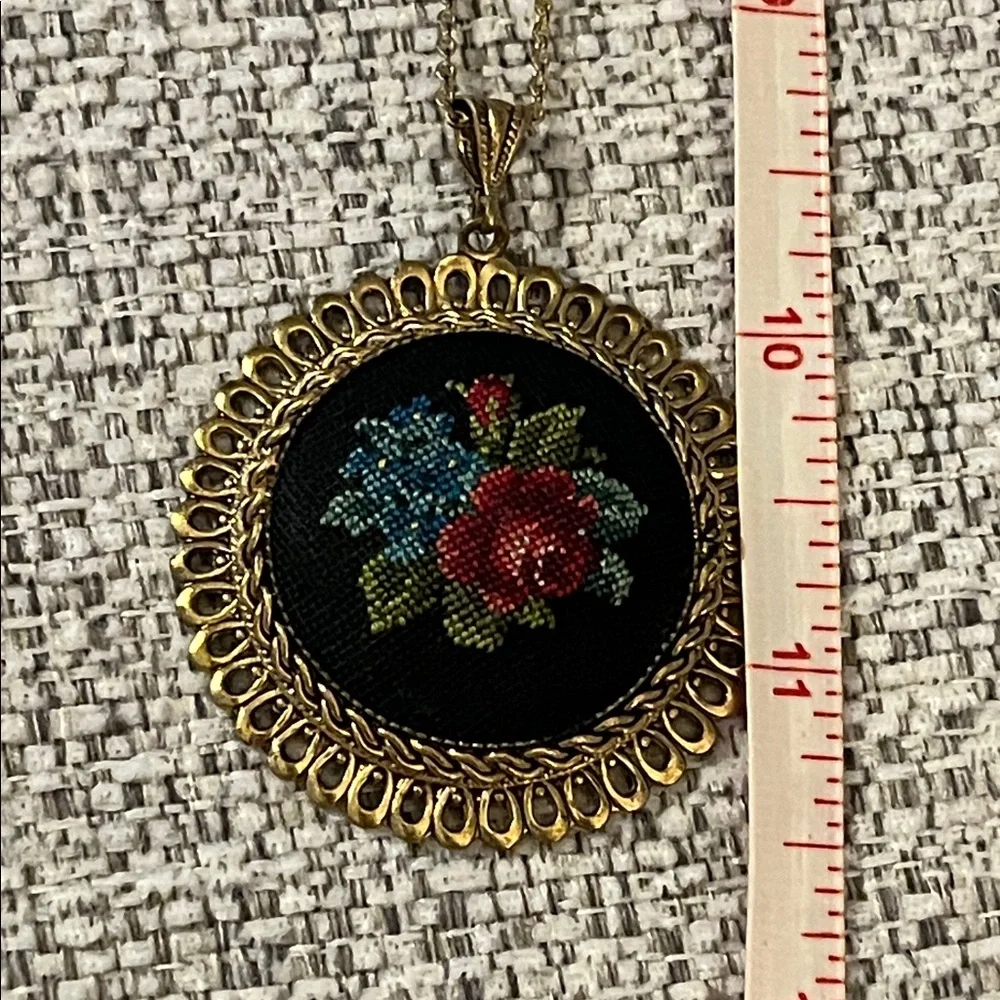 Gold Tone Pendant Necklace‎ with Petit Point Embroidered Floral Design